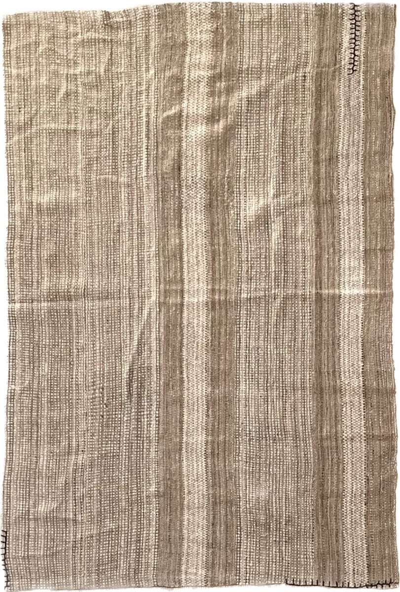 Wool Rug in Natural White, Grey, Brown, and Beige Melange in a Striped Pattern with Black Stitching Details 7.8' x 5.3' - Homebody Denver