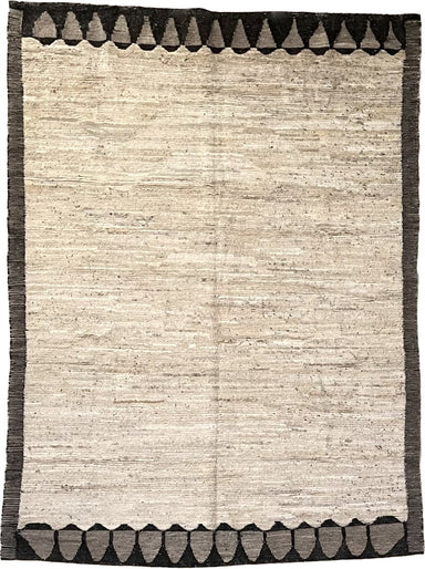 Wool Rug in Natural White with Light and Dark Brown Border/ Long Side Border Stripes/Short Side Border Triangles 6.9' x 9.3' - Homebody Denver