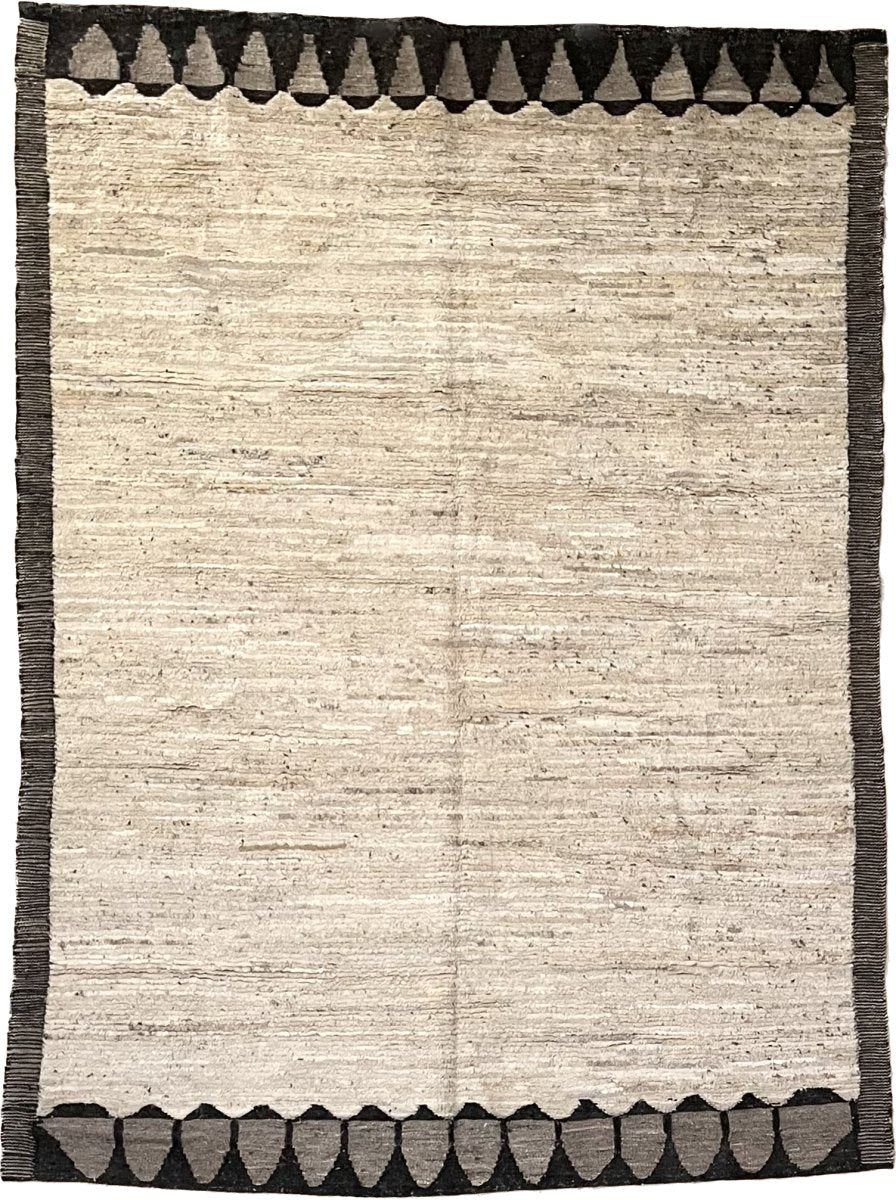 Wool Rug in Natural White with Light and Dark Brown Border/ Long Side Border Stripes/Short Side Border Triangles 6.9' x 9.3' - Homebody Denver